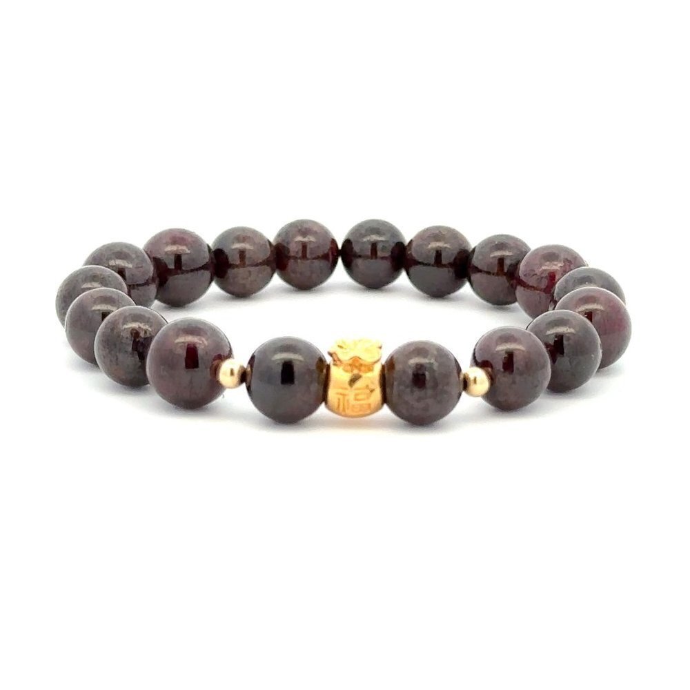 18K Gold Money Bag Lucky Charm Beads Bracelet Gemstones Garnet 8-8.5mm